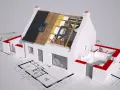 Model domu w przekroju, ukazujący warstwy izolacji dachu i plany architektoniczne. Wizualizacja postępu prac nad termomodernizacją budynku.