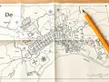 Mapa zasadnicza działki z zaznaczonymi budynkami, polami i rzeką. Obok leży żółty ołówek.