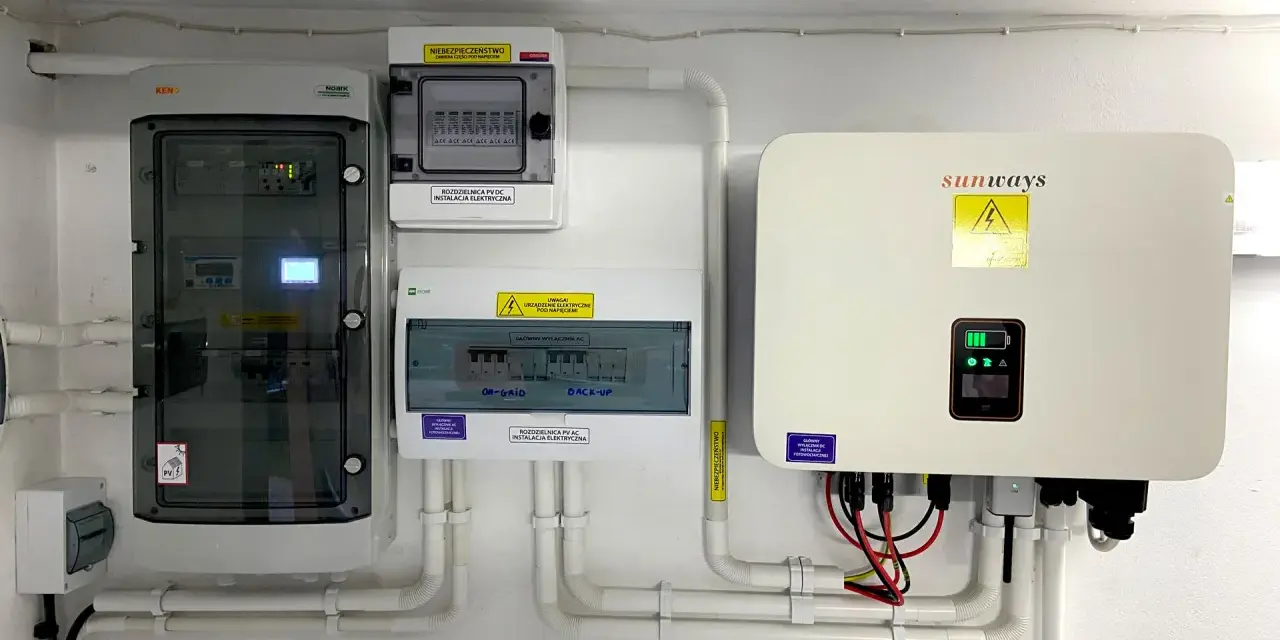 Instalacja fotowoltaiczna z falownikiem Sunways i rozdzielnicami, gotowa do magazynowania energii.