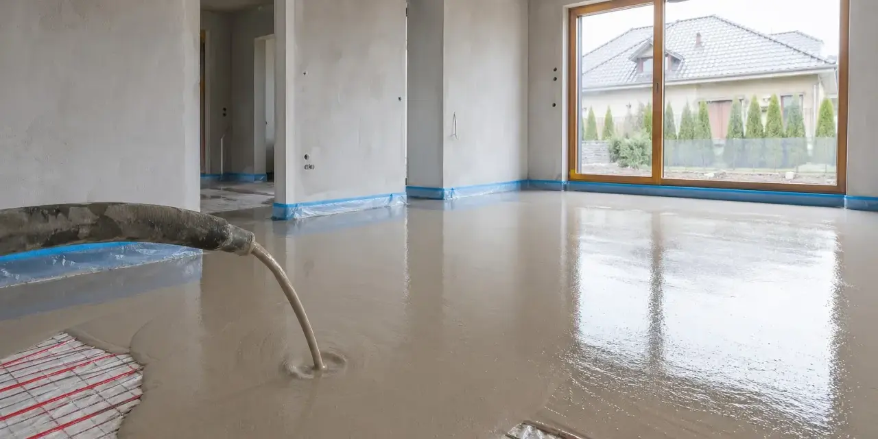 Wylewanie płynnego **anhydrytu** na ogrzewanie podłogowe w nowym domu.