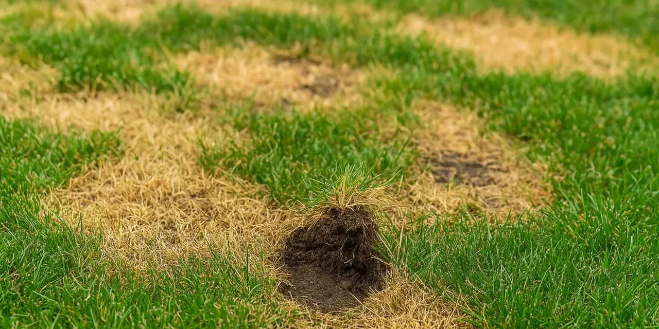 Zolte plamy na trawniku, gdzie trawa jest wyschnięta i brązowa, kontrastują z zielonymi, zdrowymi kępami. Widać też małą dziurę w ziemi.