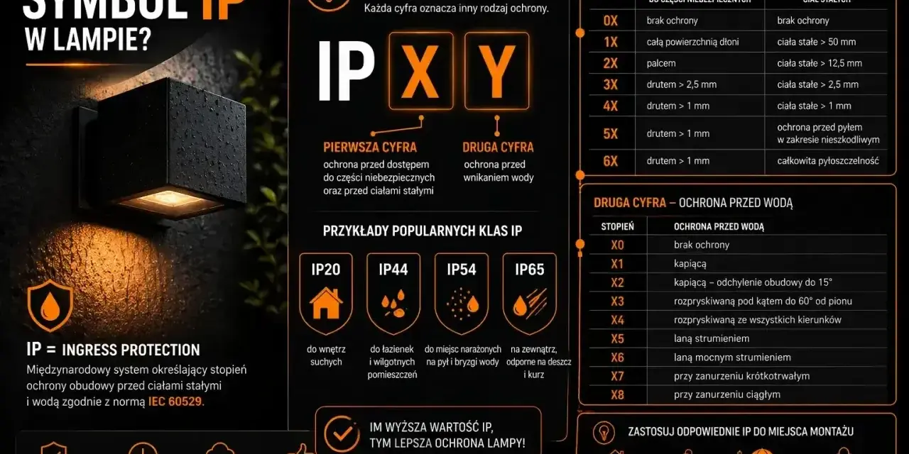Oświetlenie zewnętrzne z oznaczeniem IP44 chroni przed bryzgami wody i ciałami stałymi.