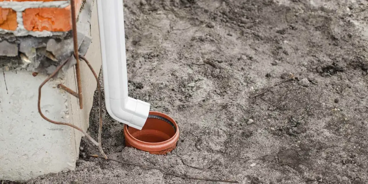 Biała rura odprowadza wodę z rynien do brązowej studzienki.