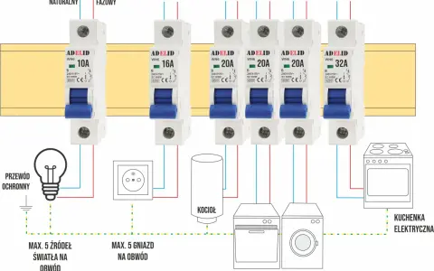Schemat instalacji elektrycznej z wyłącznikami b16, zabezpieczającymi obwody oświetlenia, gniazd, kotła, zmywarki, pralki i kuchenki.