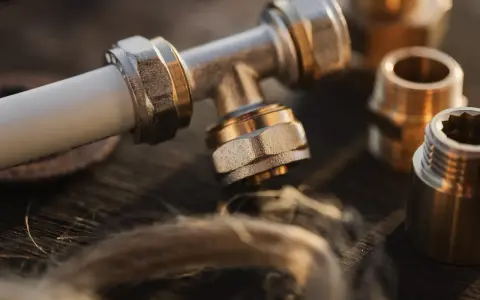Metalowe złączki hydrauliczne, w tym trójnik i nypel, leżą na drewnianym blacie obok pęczka lnu.