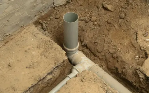 Wykop pod kanalizację z szarymi rurami PVC, częściowo zasypany ziemią.