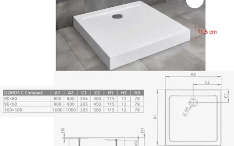 Biała, kwadratowa brodzik prysznicowy. Wymiary: 80x80, 90x90, 100x100 cm. Wysokość 11,5 cm.