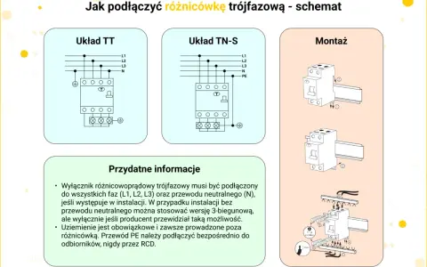 Schemat podłączenia trójfazowego łącznika dwubiegunowego. Pokazuje układy TT i TN-S oraz montaż urządzenia.