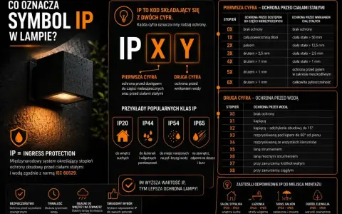 Oświetlenie zewnętrzne z oznaczeniem IP44 chroni przed bryzgami wody i ciałami stałymi.