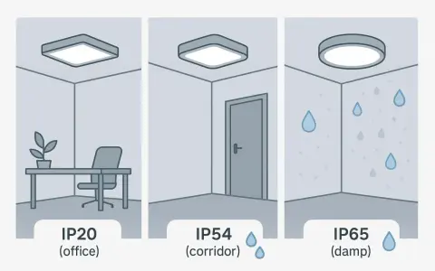 Trzy lampy sufitowe: IP20 w biurze, IP54 w korytarzu, IP65 w wilgotnym pomieszczeniu.