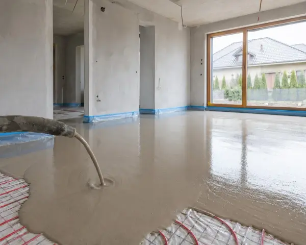 Wylewanie płynnego **anhydrytu** na ogrzewanie podłogowe w nowym domu.
