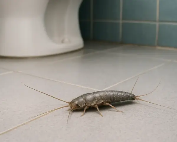 Małe, srebrzyste robaki w domu, spacerujące po łazienkowych kafelkach obok toalety.