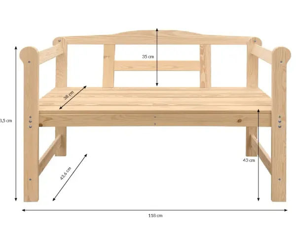Drewniana ławka ogrodowa: wysokość 73,5 cm, szerokość 118 cm, głębokość siedziska 38 cm. Wymiary ławki ogrodowej są kluczowe.