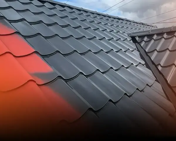 Nowy, czarny dach z metalowej blachy. Część dachu jest w trakcie malowania na czerwono. Sprawdź, jaka jest malowanie dachu cena.