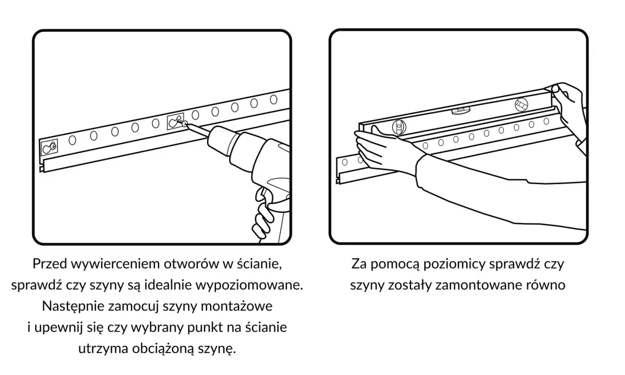 Wkręcanie szyn montażowych w ścianę i sprawdzanie ich poziomu poziomicą. Upewnij się, że nóżki szyn są stabilne.