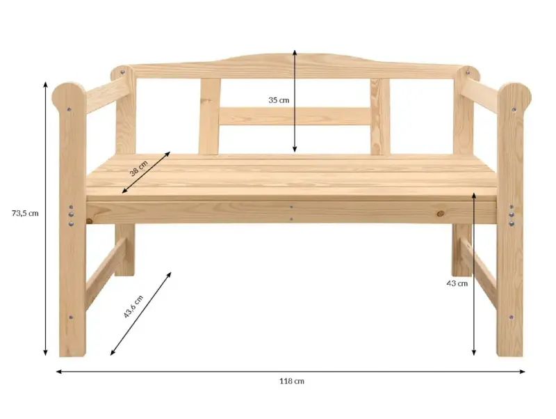 Drewniana ławka ogrodowa: wysokość 73,5 cm, szerokość 118 cm, głębokość siedziska 38 cm. Wymiary ławki ogrodowej są kluczowe.