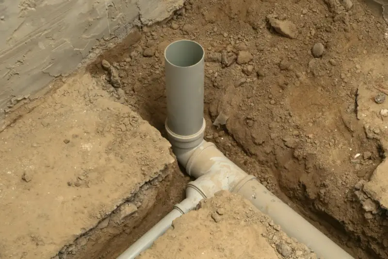 Wykop pod kanalizację z szarymi rurami PVC, częściowo zasypany ziemią.
